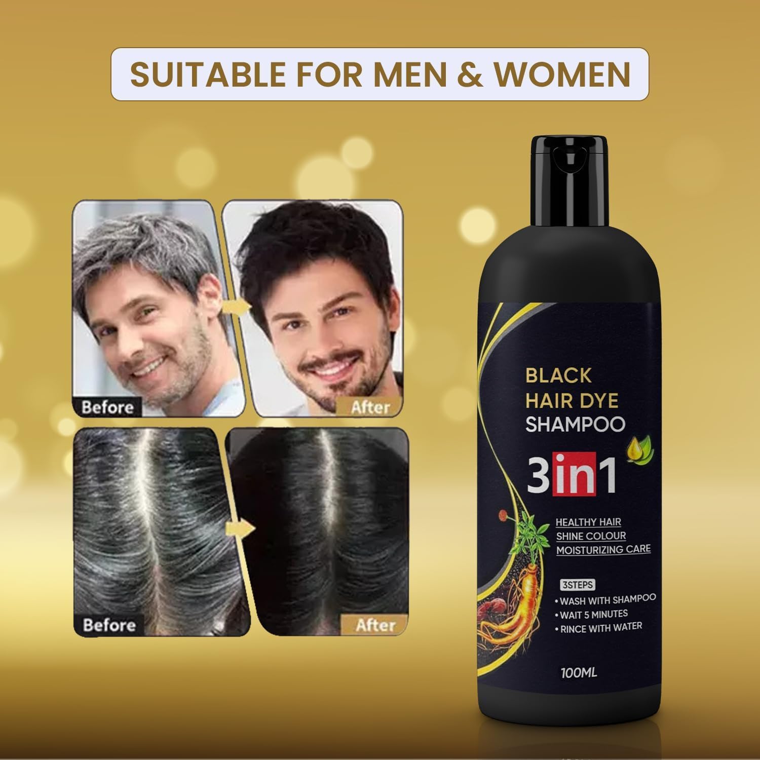 Black Hair Dye Shampoo 3-in-1 | Instant Natural Black Hair | 50% OFF (₹999 → ₹499)