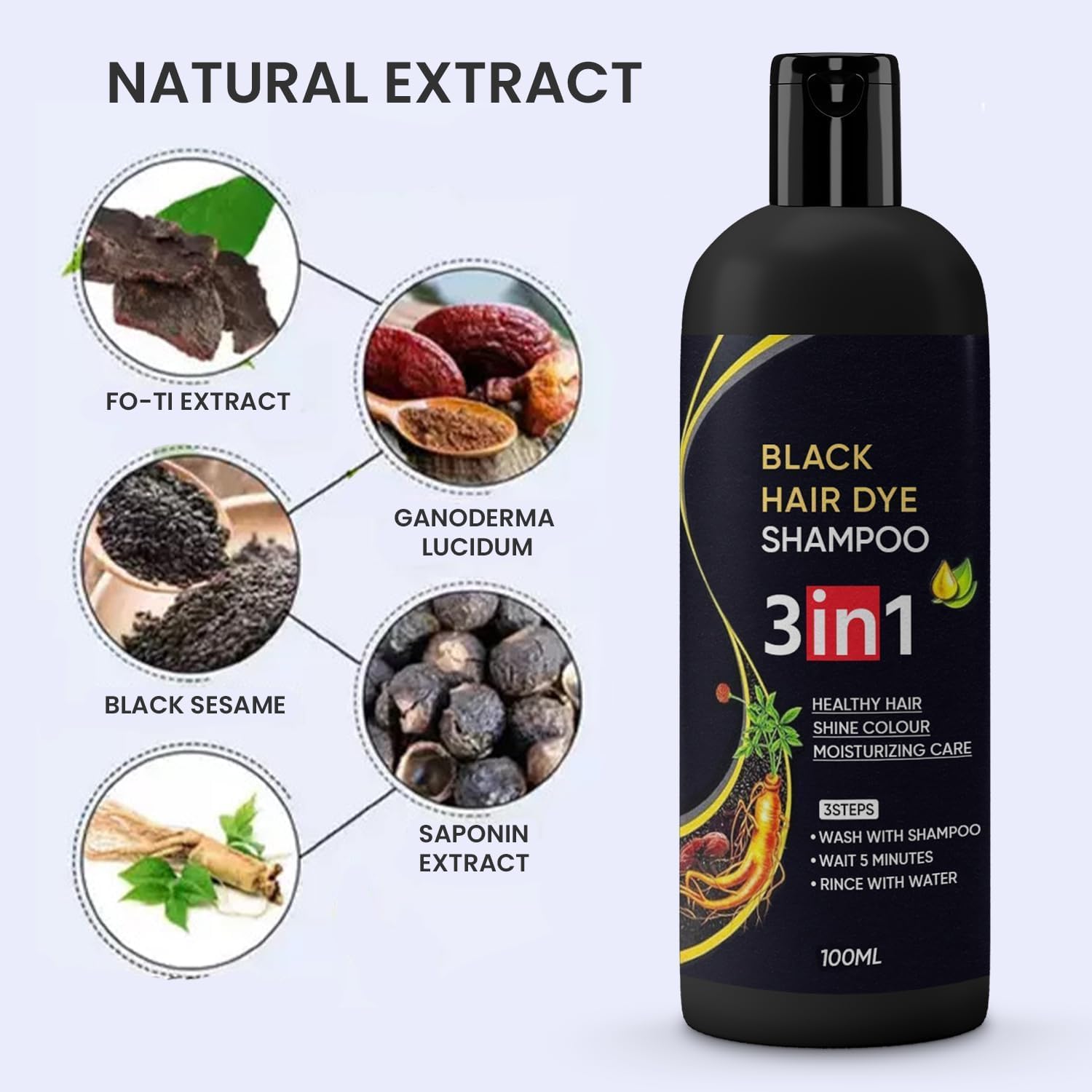 Black Hair Dye Shampoo 3-in-1 | Instant Natural Black Hair | 50% OFF (₹999 → ₹499)