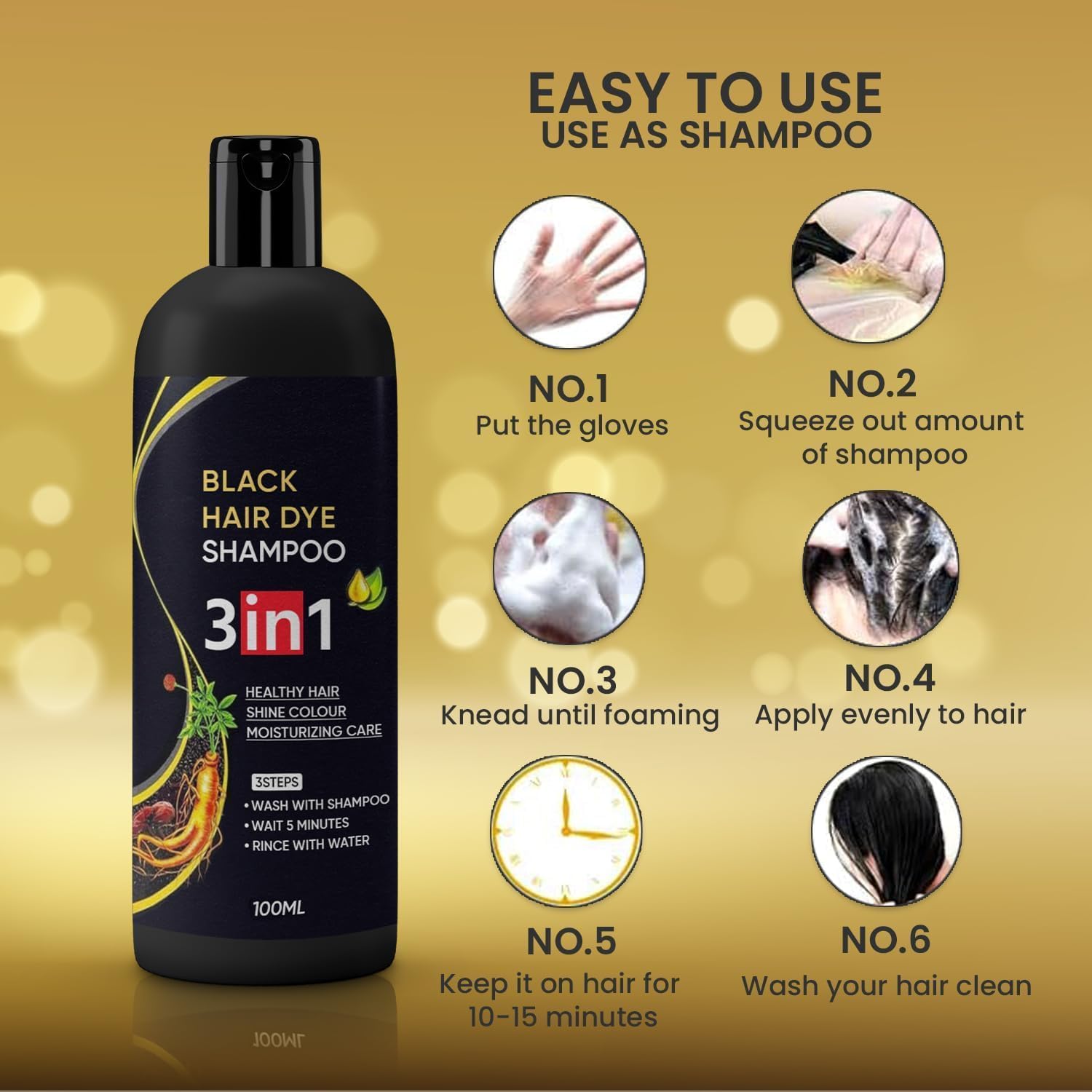 Black Hair Dye Shampoo 3-in-1 | Instant Natural Black Hair | 50% OFF (₹999 → ₹499)